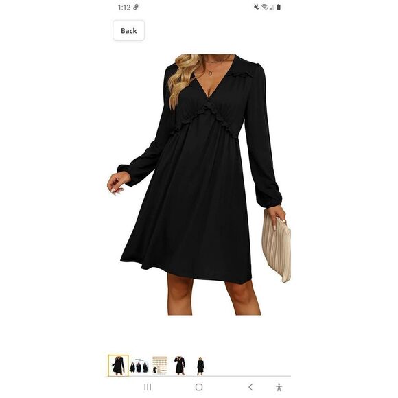 New Medium Aokosor Black Long Sleeve Deep V-Neck Ruffle Midi Mini Dress NWT - Picture 1 of 9